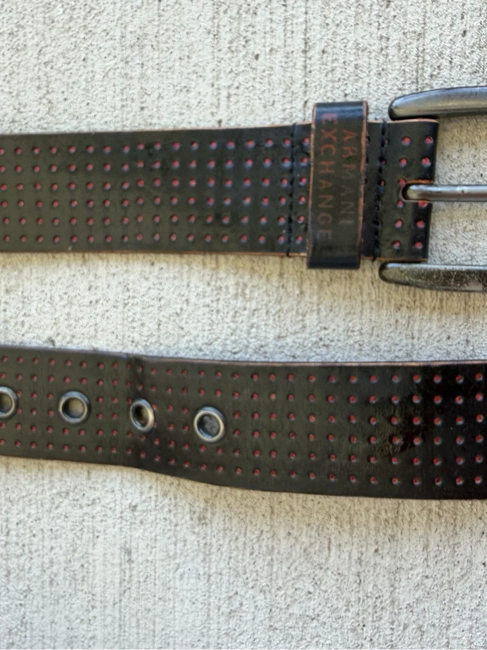 Vintage Armani Exchange Black Leather Belt Size 34 MadeCanada Red Detail 42.5”